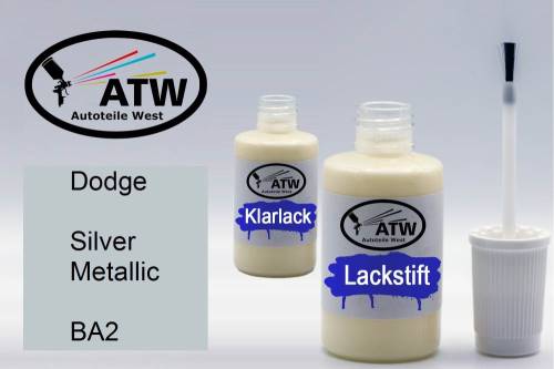 Dodge, Silver Metallic, BA2: 20ml Lackstift + 20ml Klarlack - Set, von ATW Autoteile West.